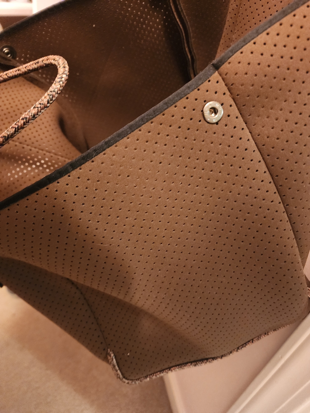 Perforated Brown Tote Bag with Braided Handles